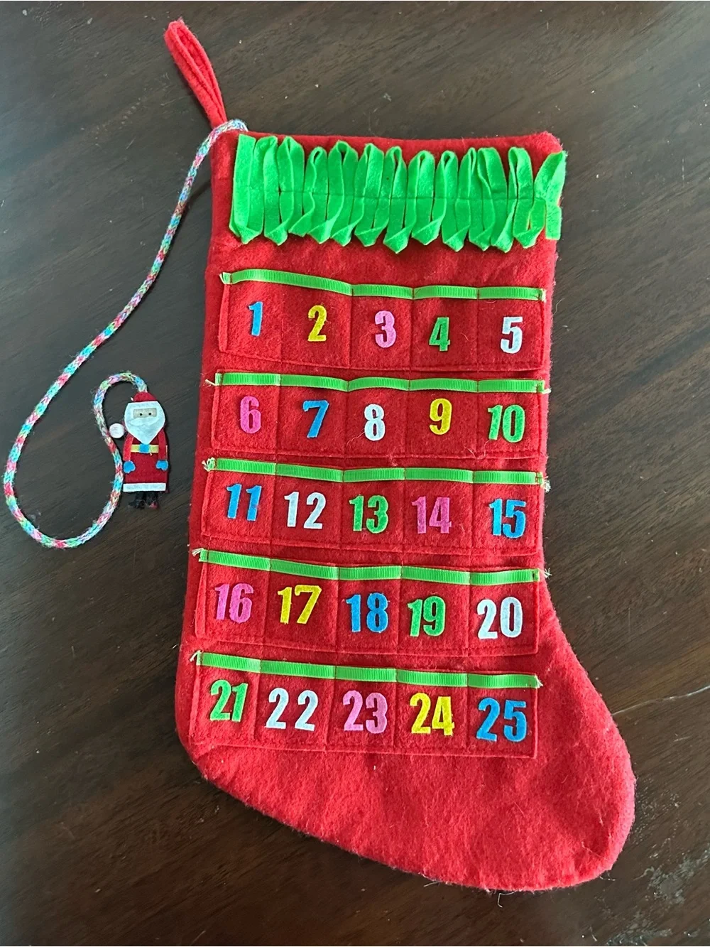 Red Advent Calendar Felt Christmas Stocking with Santa  Holiday Decor READ